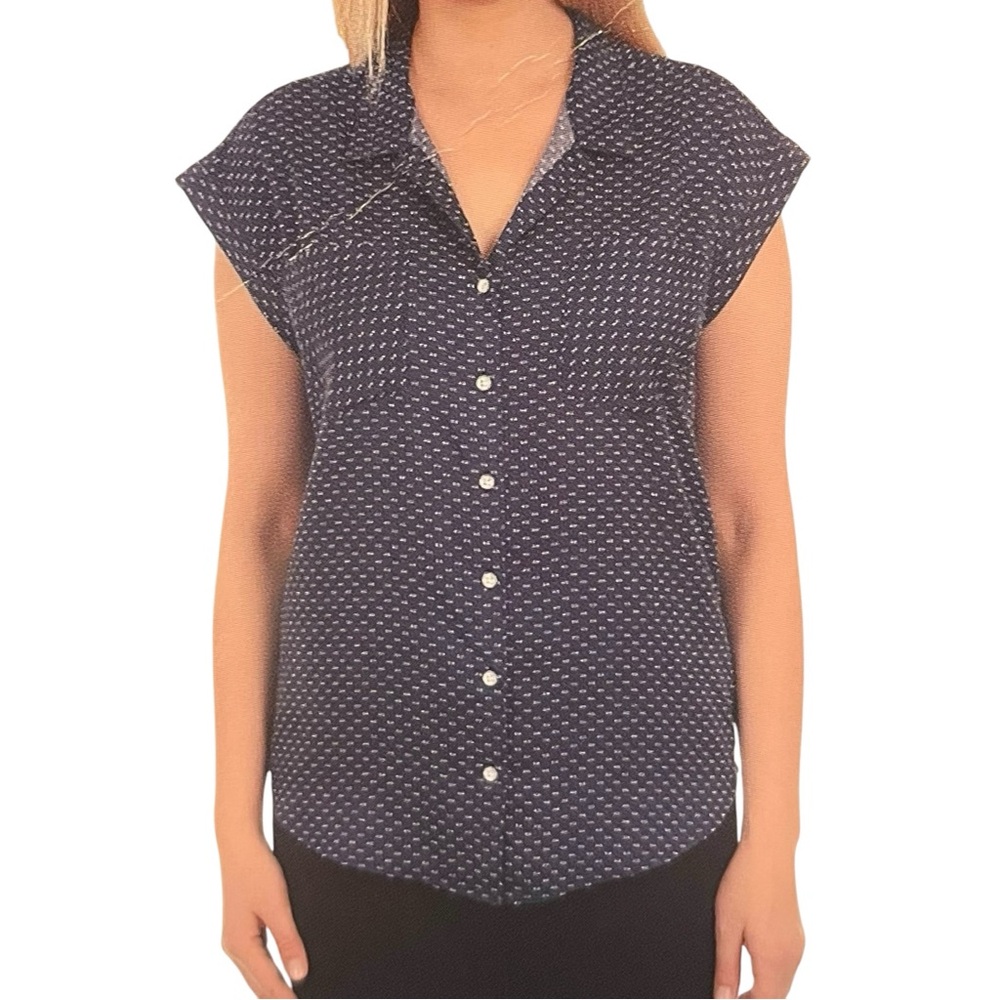 Jach's Girlfriend Navy Blue with White Pindots Spread Collar Cap Sleeve Shirt